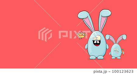 Cartoon funny cartoon blue easter bunny holding carrots isolated on pink horizontal banner background. Easter hand drawn blue cute rabbit sticker or label Cartoon funny cartoon blue easter bunny holding carrots isolated on pink horizontal banner background. Easter hand drawn blue cute rabbit sticker or label 100123623