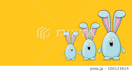 Cartoon funny cartoon blue easter bunny isolated on orange horizontal banner background. Easter hand drawn blue cute rabbit sticker or label 100123624