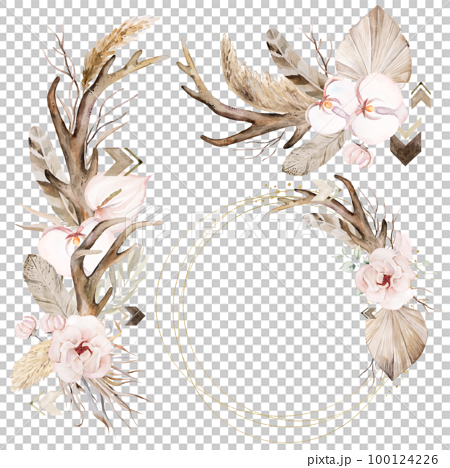 Golden frame and bouquets with Watercolor deer antlers, tropical leaves and flowers illustration 100124226