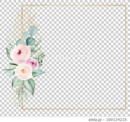 Square Frame with pink watercolor flowers and light green leaves, wedding illustration 100124228