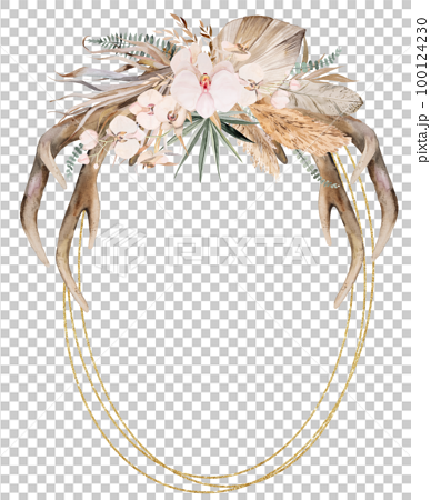 Oval Golden frame with Watercolor deer antlers, tropical leaves and flowers, Wedding illustration 100124230