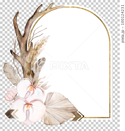 Golden frame with Watercolor deer antlers, tropical leaves and flowers, Boho Wedding illustration 100124231