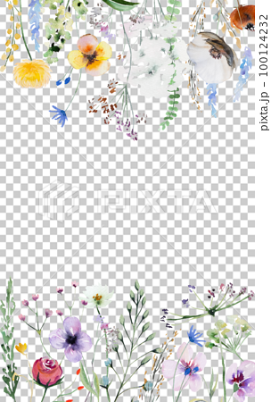 Border made of watercolor wild flowers and leaves, summer wedding and greeting illustration 100124232