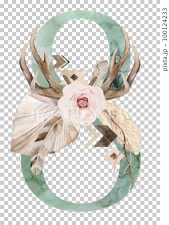 Watercolor green number 8 with antlers, dried leaves and tropical flowers bouquet, Boho illustration Watercolor green number 8 with antlers, dried leaves and tropical flowers bouquet, Boho illustration 100124233