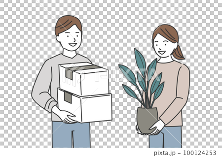 A man with a cardboard box and a woman with a houseplant, moving image A man with a cardboard box and a woman with a houseplant, moving image 100124253