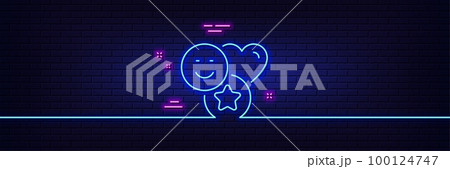 Neon light glow effect. Social media likes line icon. Heart, star sign. Positive smile feedback symbol. 3d line neon glow icon. Brick wall banner. Smile outline. Vector 100124747