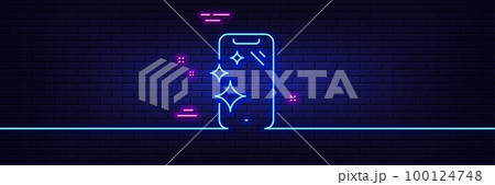 Neon light glow effect. Smartphone clean screen line icon. Phone sign. Mobile device symbol. 3d line neon glow icon. Brick wall banner. Smartphone clean outline. Vector 100124748