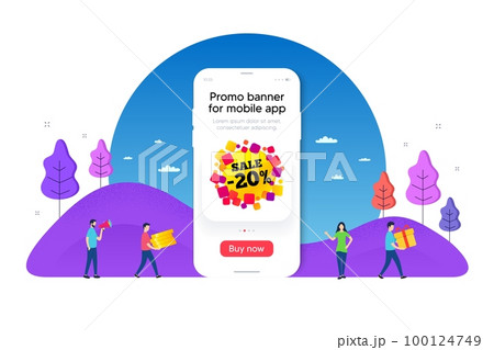 Sale 20 percent off banner. Phone ui interface banner. Discount sticker shape. Coupon bubble icon. Mobile smartphone promo banner. Sale 20 percent tag. Man with gift box. Vector Sale 20 percent off banner. Phone ui interface banner. Discount sticker shape. Coupon bubble icon. Mobile smartphone promo banner. Sale 20 percent tag. Man with gift box. Vector 100124749