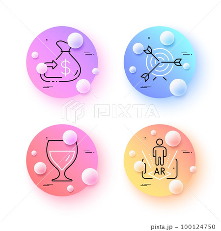 Augmented reality, Wine glass and Cashback minimal line icons. 3d spheres or balls buttons. Target icons. For web, application, printing. Phone simulation, Cabernet wineglass, Money budget. Vector Augmented reality, Wine glass and Cashback minimal line icons. 3d spheres or balls buttons. Target icons. For web, application, printing. Phone simulation, Cabernet wineglass, Money budget. Vector 100124750