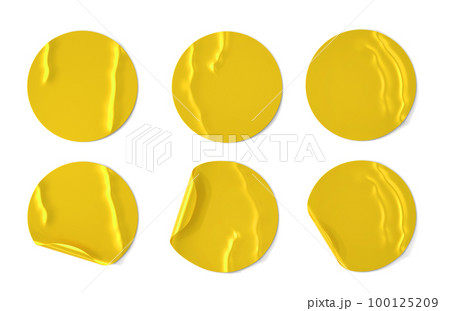 Gold round stickers with curl edges and wrinkles 3d render. Realistic set of blank foil sticky tags and golden labels with folds and peel off corners isolated on white background 100125209