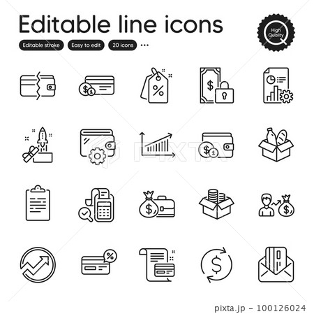 Set of Finance outline icons. Contains icons as Cashback, Discount tags and Payment method elements. Payment methods, Audit, Report web signs. Salary, Innovation, Credit card elements. Vector Set of Finance outline icons. Contains icons as Cashback, Discount tags and Payment method elements. Payment methods, Audit, Report web signs. Salary, Innovation, Credit card elements. Vector 100126024