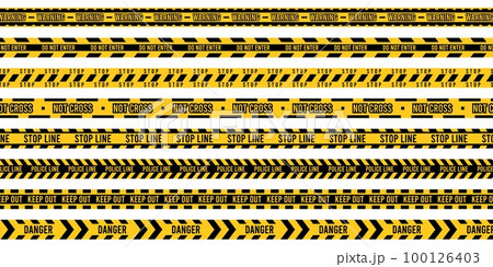 Yellow police tape. Crime scene ribbons and Do not cross stripe, danger warning restricted zone strip sign, accident caution concept. Vector set 100126403