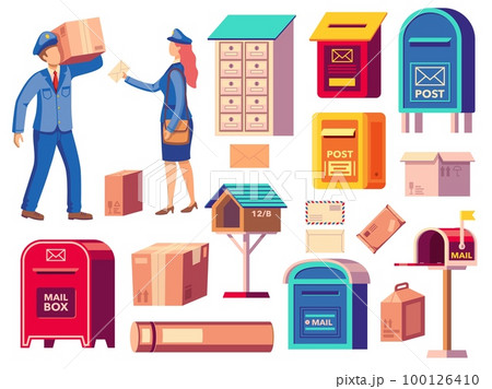 Postman and mail. Cartoon characters in mailman uniform with correspondence bag and mailbox, post delivery service concept. Vector set Postman and mail. Cartoon characters in mailman uniform with correspondence bag and mailbox, post delivery service concept. Vector set 100126410