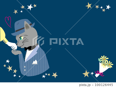 星空の下デートで手の甲にキスするサバトラ猫のベクターイラストテンプレート ネイビー 100126445