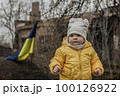 Little girl in front of defensive structures of Ukrainian army. War in Ukraine. Children and war concept. Support for Ukraine. Stop war. Humanitarian disaster concept. Ukrainian flag 100126922