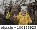 Little girl in front of defensive structures of Ukrainian army. War in Ukraine. Children and war concept. Support for Ukraine. Stop war. Humanitarian disaster concept. Ukrainian flag 100126923