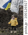 Little girl in front of defensive structures of Ukrainian army. War in Ukraine. Children and war concept. Support for Ukraine. Stop war. Humanitarian disaster concept. Ukrainian flag 100126927