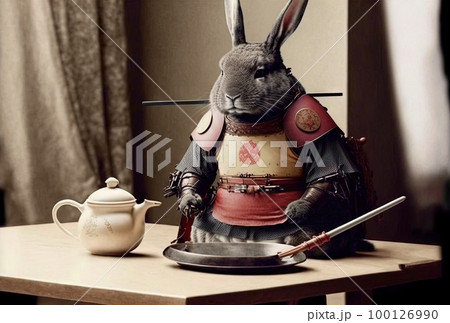 Rabbit samurai portrait in traditional vintage photography style. Japanese retro illustration with hare warrior in kimono. Generated AI. 100126990