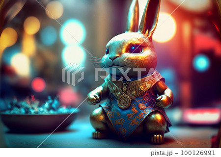 Rabbit samurai golden mini-figure. Japanese styled figure of meditating hare in kimono. Generated AI. 100126991