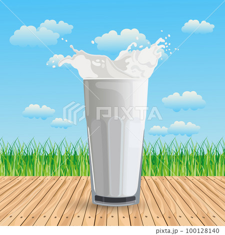 A glass of milk on a wooden table against the backdrop of a summer landscape. Poster, banner, illustration, vector A glass of milk on a wooden table against the backdrop of a summer landscape. Poster, banner, illustration, vector 100128140