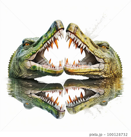 Two terrible toothy crocodiles growl at each other with their mouths open, duel battle of two crocodiles, on a white background, close-up Two terrible toothy crocodiles growl at each other with their mouths open, duel battle of two crocodiles, on a white background, close-up 100128732