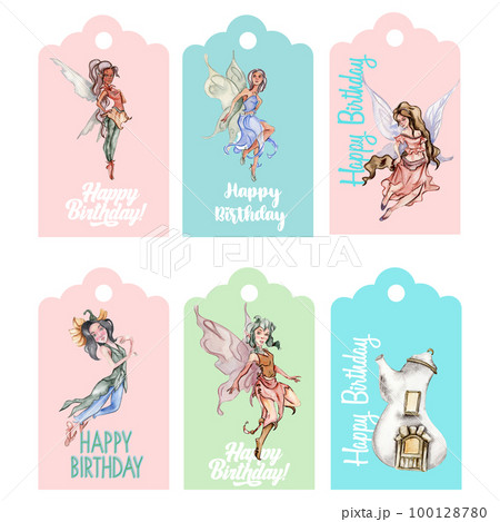 Set of happy birthday tags. Illustration isolated on white background. Watercolor illustration fayry tales.Template label set.Wedding cake design. Hand drawn design baby shower party, birthday, cake. Set of happy birthday tags. Illustration isolated on white background. Watercolor illustration fayry tales.Template label set.Wedding cake design. Hand drawn design baby shower party, birthday, cake. 100128780