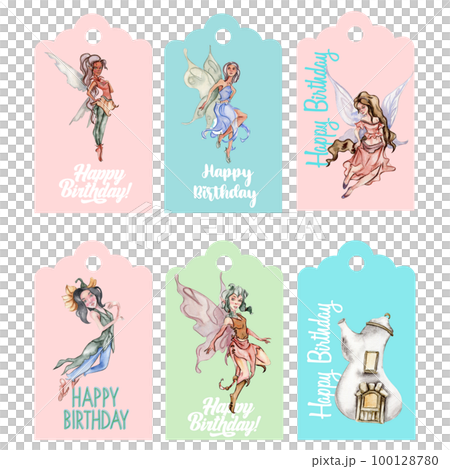 Set of happy birthday tags. Illustration isolated on white background. Watercolor illustration fayry tales.Template label set.Wedding cake design. Hand drawn design baby shower party, birthday, cake. Set of happy birthday tags. Illustration isolated on white background. Watercolor illustration fayry tales.Template label set.Wedding cake design. Hand drawn design baby shower party, birthday, cake. 100128780