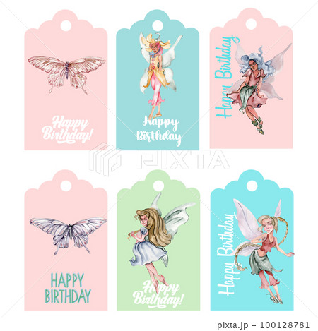 Set of happy birthday tags. Illustration isolated on white background. Watercolor illustration fayry tales.Template label set.Wedding cake design. Hand drawn design baby shower party, birthday, cake. Set of happy birthday tags. Illustration isolated on white background. Watercolor illustration fayry tales.Template label set.Wedding cake design. Hand drawn design baby shower party, birthday, cake. 100128781