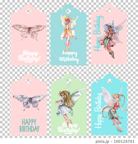 Set of happy birthday tags. Illustration isolated on white background. Watercolor illustration fayry tales.Template label set.Wedding cake design. Hand drawn design baby shower party, birthday, cake. Set of happy birthday tags. Illustration isolated on white background. Watercolor illustration fayry tales.Template label set.Wedding cake design. Hand drawn design baby shower party, birthday, cake. 100128781