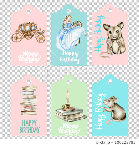 Set of happy birthday  tags. Illustration isolated on white background. Watercolor illustration fayry tales.Template label set.Wedding cake design. Hand drawn design baby shower party, birthday, cake. 100128783