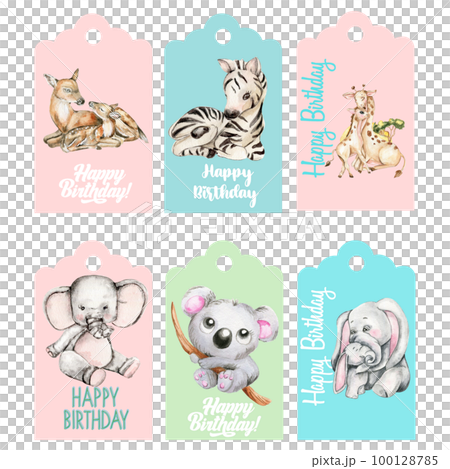 Set of happy birthday gift tags with cute baby animals. Hand drawn watercolor illustration isolated on white background.   Designf for baby shower party, birthday, cake, holiday celebration design . 100128785