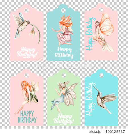 Set of happy birthday  tags. Illustration isolated on white background. Watercolor illustration fayry tales.Template label set.Wedding cake design. Hand drawn design baby shower party, birthday, cake. 100128787