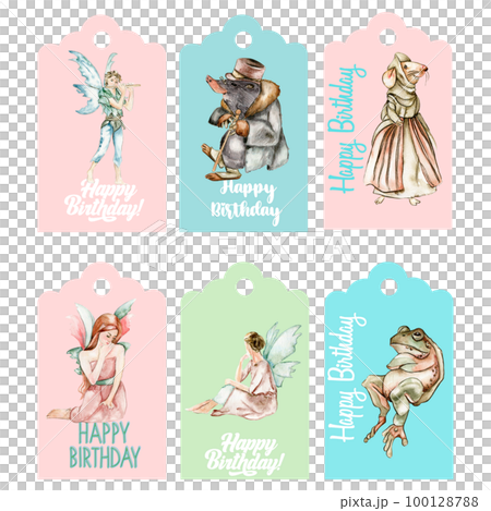 Set of happy birthday  tags. Illustration isolated on white background. Watercolor illustration fayry tales.Template label set.Wedding cake design. Hand drawn design baby shower party, birthday, cake. 100128788