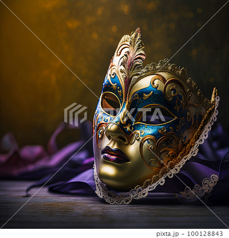Carnival Venetian Mask on a dark table, generative AI 100128843