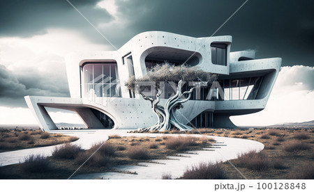 futuristic white house in the middle of the field photorealistic, generative AI 100128848