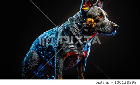 cyber dog on a black background light blue, generative AI 100128898