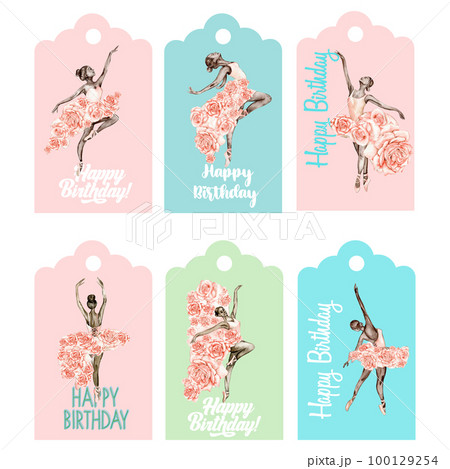 Set of happy birthday tags. Illustration isolated on white background. Watercolor illustration of pink pretty ballerina.Template label set. Wedding cake design. Hand drawn design for baby party,cake. 100129254