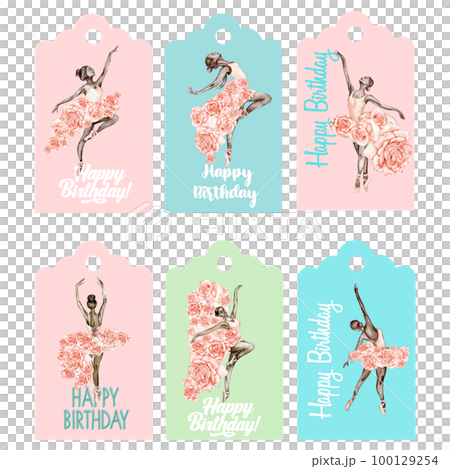 Set of happy birthday tags. Illustration isolated on white background. Watercolor illustration of pink pretty ballerina.Template label set. Wedding cake design. Hand drawn design for baby party,cake. Set of happy birthday tags. Illustration isolated on white background. Watercolor illustration of pink pretty ballerina.Template label set. Wedding cake design. Hand drawn design for baby party,cake. 100129254