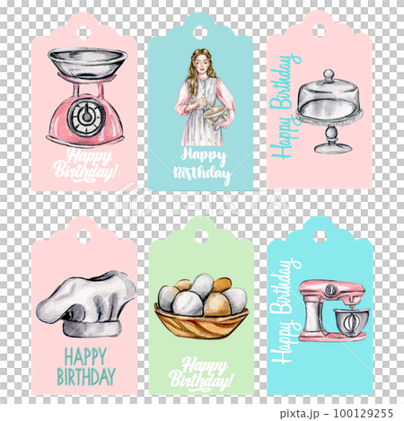 Set of happy birthday tags. Illustration isolated on white background. Watercolor illustration of  pretty cooking girl.Template label set. Wedding cake design. Hand drawn design for baby party,cake. 100129255