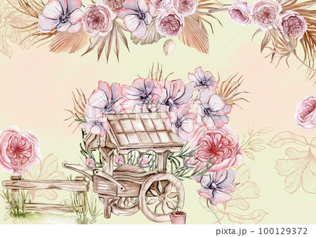 Watercolor composition of an old wooden cart and pink flower  with goose . Hand-drawn illustration with watercolour on a white background.Perfect for wedding invitation, greetings card. 100129372
