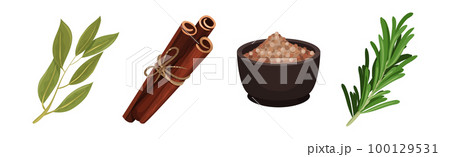 Different Spices and Condiments with Bay Leaf, Cinnamon Sticks, Pepper in Bowl and Rosemary Vector Set Different Spices and Condiments with Bay Leaf, Cinnamon Sticks, Pepper in Bowl and Rosemary Vector Set 100129531