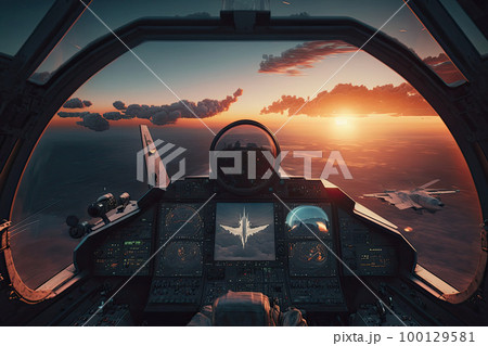 Jet fighter cockpit at sunset. Military aviation. Created with Generative AI 100129581
