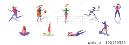 Woman Character Doing Sport and Physical Activity Vector Set Woman Character Doing Sport and Physical Activity Vector Set 100129586
