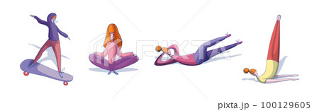 Woman Character Doing Sport and Physical Activity Vector Set 100129605