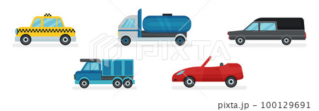 Taxi, Lorry, Cabriolet and Hatchback as Wheeled Motor Vehicle Used for Transportation Vector Set Taxi, Lorry, Cabriolet and Hatchback as Wheeled Motor Vehicle Used for Transportation Vector Set 100129691