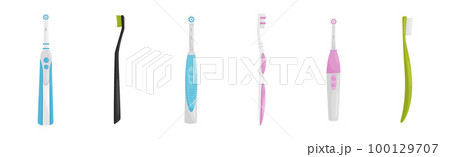 Toothbrush with Bristles and Handle as Oral Hygiene Instrument Vector Set Toothbrush with Bristles and Handle as Oral Hygiene Instrument Vector Set 100129707