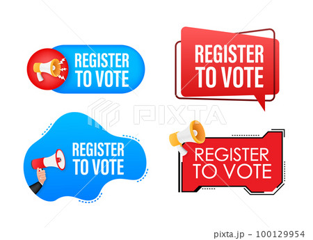 Megaphone label set with text Register to vote. Megaphone in hand promotion banner. Marketing and advertising 100129954