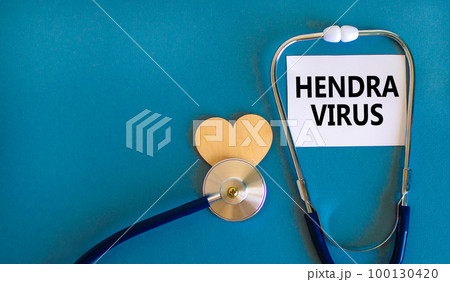 Hendra virus symbol. Concept words Hendra virus on white paper card. Beautiful blue table blue background. Wooden heart. Stethoscope. Medical hendra virus concept. Copy space. Hendra virus symbol. Concept words Hendra virus on white paper card. Beautiful blue table blue background. Wooden heart. Stethoscope. Medical hendra virus concept. Copy space. 100130420