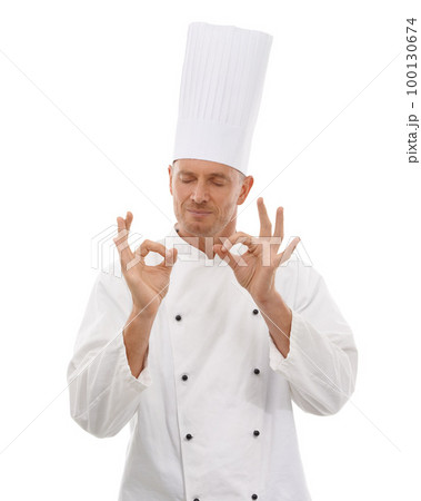 Man, chef and hands in OK sign for perfection, approval or precision isolated on white studio background. Happy culinary artist eyes closed showing okay hand gesture in perfect, precise or just right 100130674
