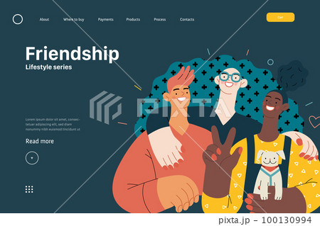 Lifestyle website template - Friendship - modern flat vector illustration of a happy young man and women embracing and posing together. People activities concept Lifestyle website template - Friendship - modern flat vector illustration of a happy young man and women embracing and posing together. People activities concept 100130994
